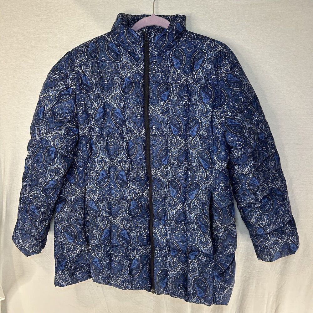 Lands End Women Large 14-16 Goose‎ Down Puffer Coat Jacket Paisley Blue Pattern